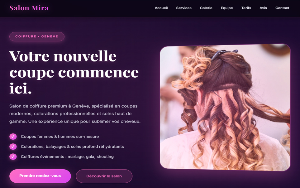 Aperçu desktop du Template Coiffure Premium, design premium ZenderWeb pour salon de coiffure