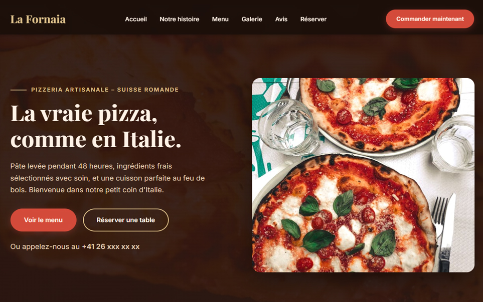 Aperçu desktop du template Pizzeria La Fornaia, design premium signé ZenderWeb